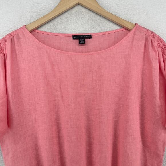 SAKS FIFTH AVENUE Top Womens S Linen Ruched Smocked Short Sleeve Pink NEW - Picture 3 of 11